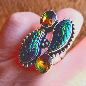 New Carved Rainbow Hematite & Ametrine 925 Silver Ring.